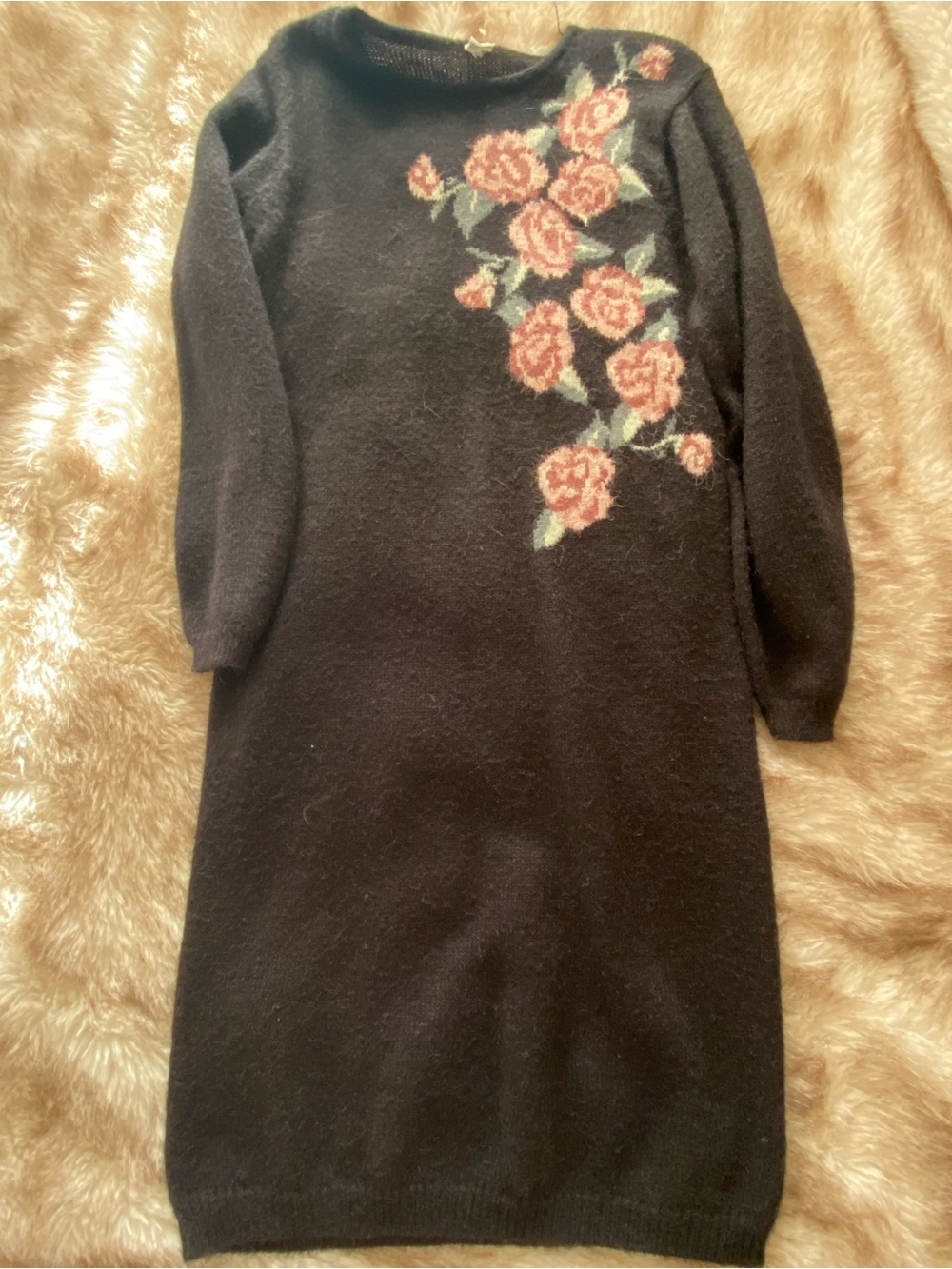 Black Sweater Dress with Rose Floral Accent